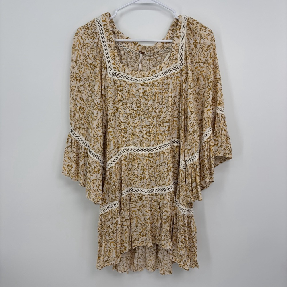 Free People Talk About It Tunic Small Gold Floral Crochet Trim Boho Babydoll